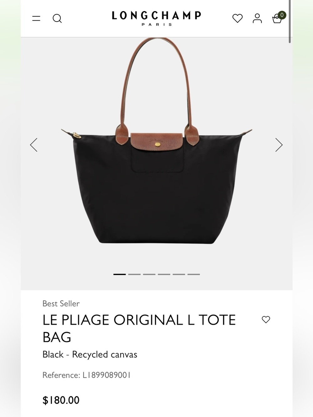 Longchamp Black Tote with Brown Leather Trim LE PLIAGE ORIGINAL L TOTE BAG